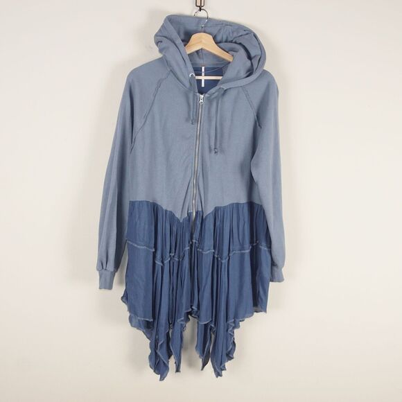 Free People Moon Dust Full Zip Hoodie Cardigan Washed Denim Blue Womens Sz XS - Picture 1 of 12